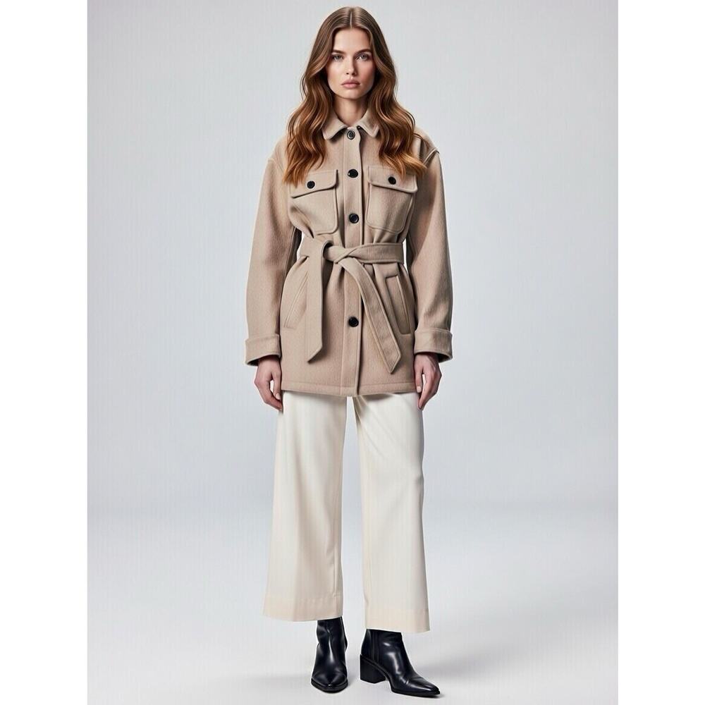 Zara Beige Belted Wool-Blend Shacket Overshirt wool blend Jacket Size XS
